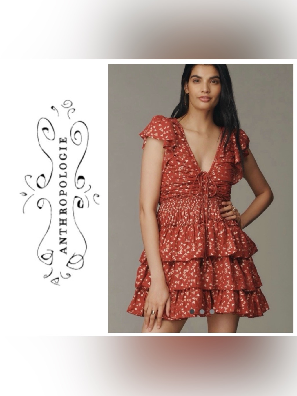 Nwt Anthropologie Tiered Ruffled Mini Dress In Garnet Red With Gold Accents